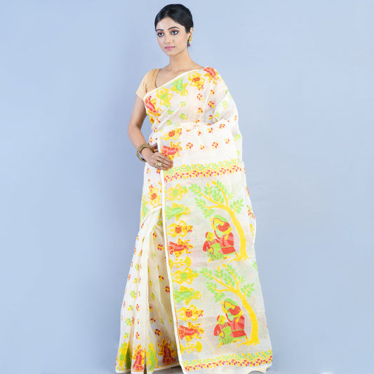 Handloom Jamdani Saree – 3D Color Weaving on White Cotton - ArtisanSoul