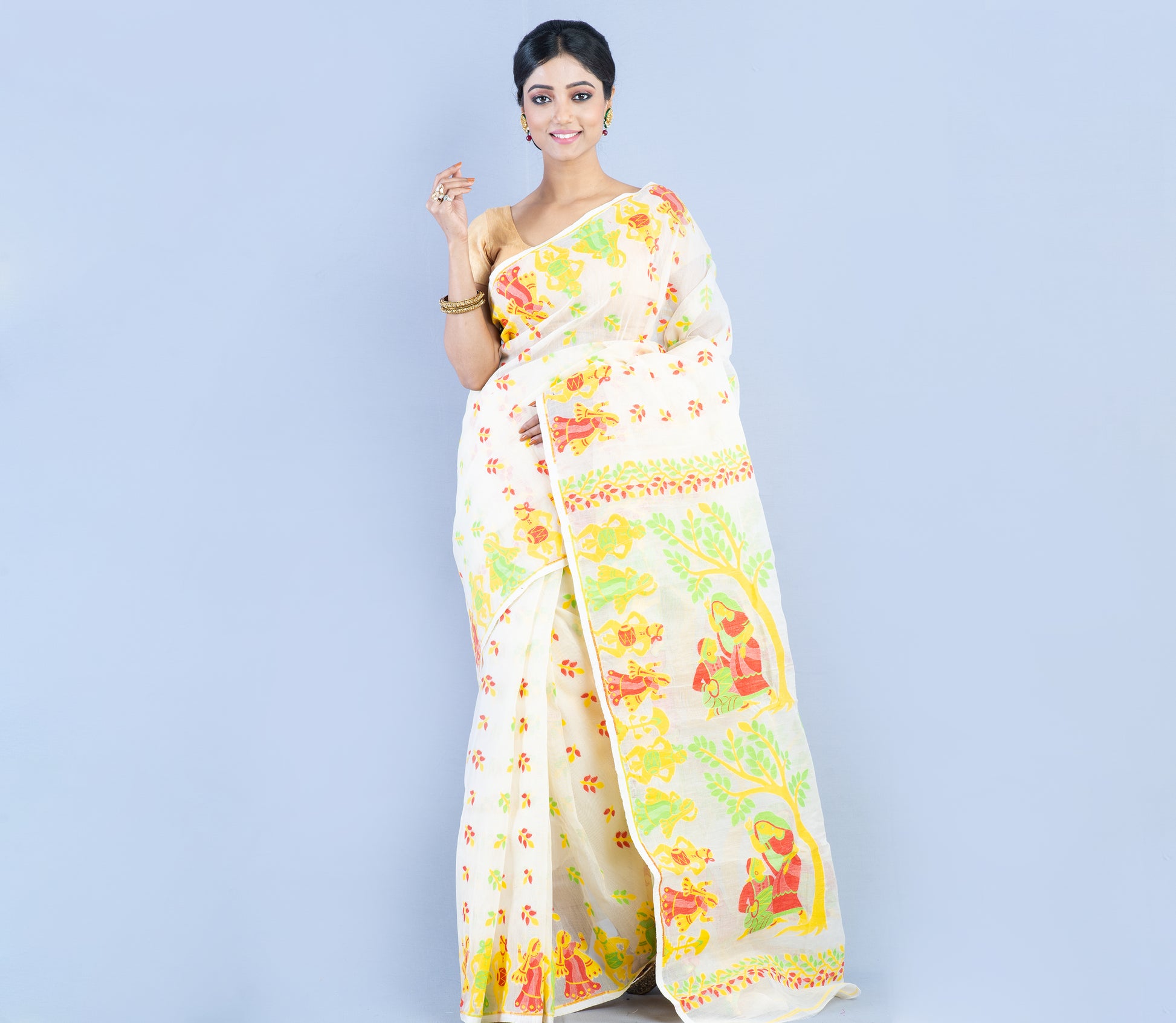 Handloom Jamdani Saree – 3D Color Weaving on White Cotton - ArtisanSoul