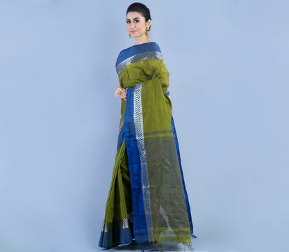 Handloom Tant Saree - Olive Green with Blue Par - ArtisanSoul