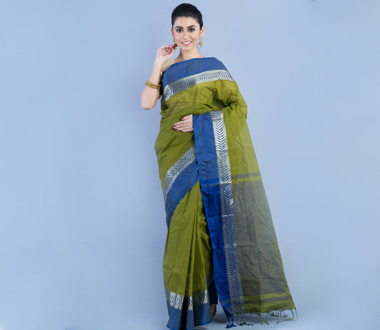 Handloom Tant Saree - Olive Green with Blue Par - ArtisanSoul