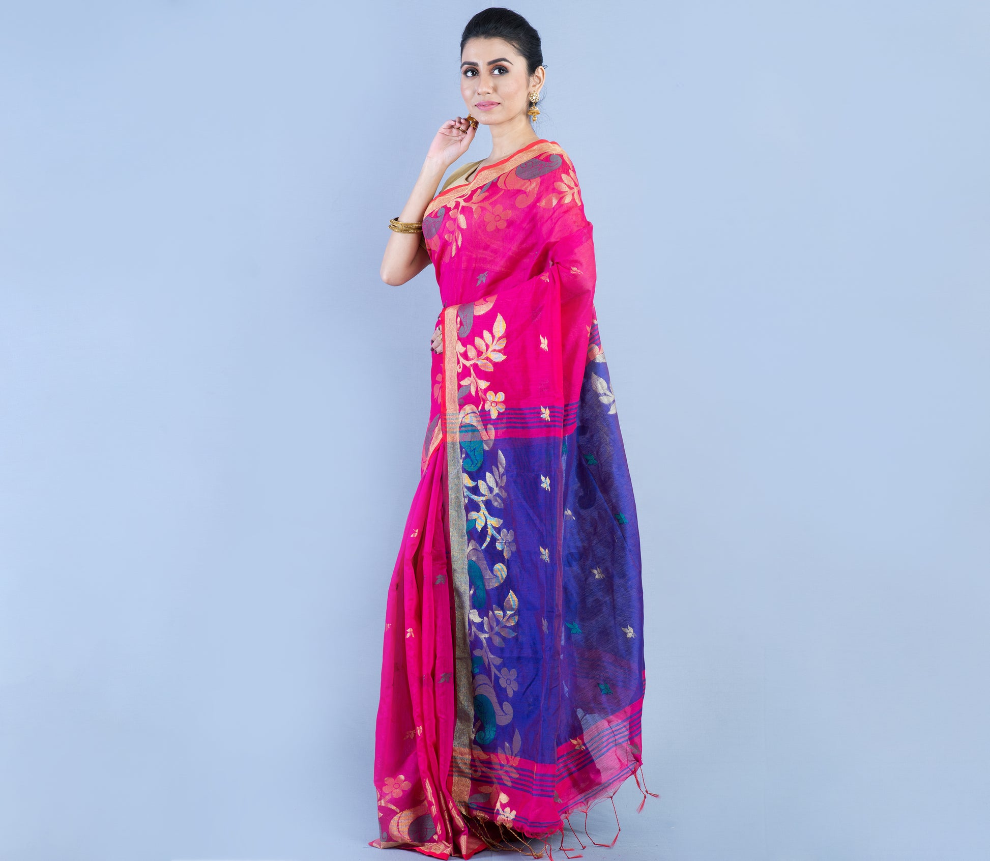 Handloom Saree with all over Zari work - Dark Pink & Blue - ArtisanSoul