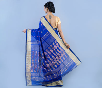 Handloom Muslin Silk Saree - Blue White Zari Work - ArtisanSoul