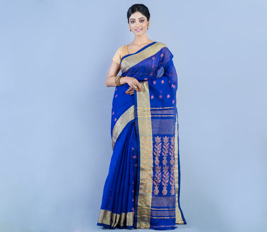 Handloom Muslin Silk Saree - Blue White Zari Work - ArtisanSoul
