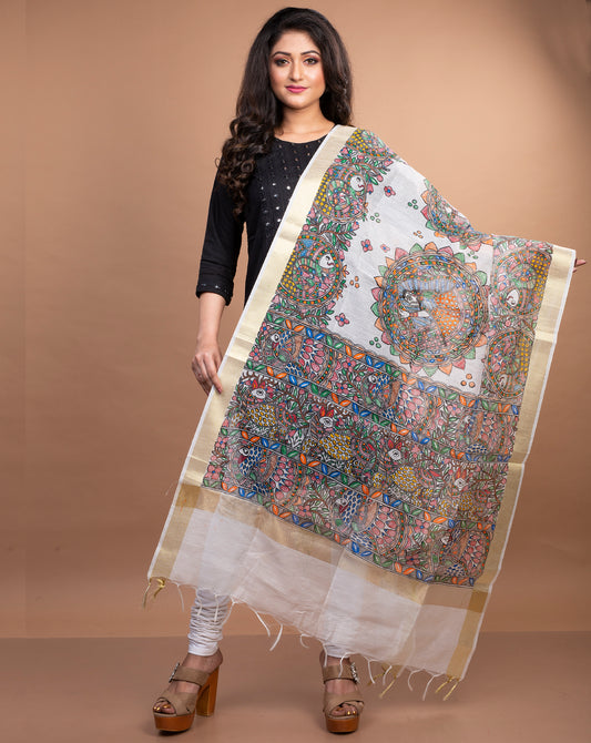 Madhubani Painting Dupatta From Bihar - White with Golden Border