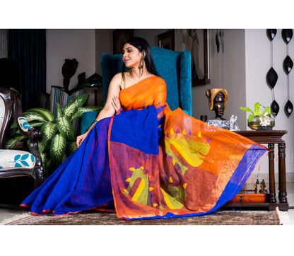 Handloom Gheecha Saree - Blue & Orange - ArtisanSoul