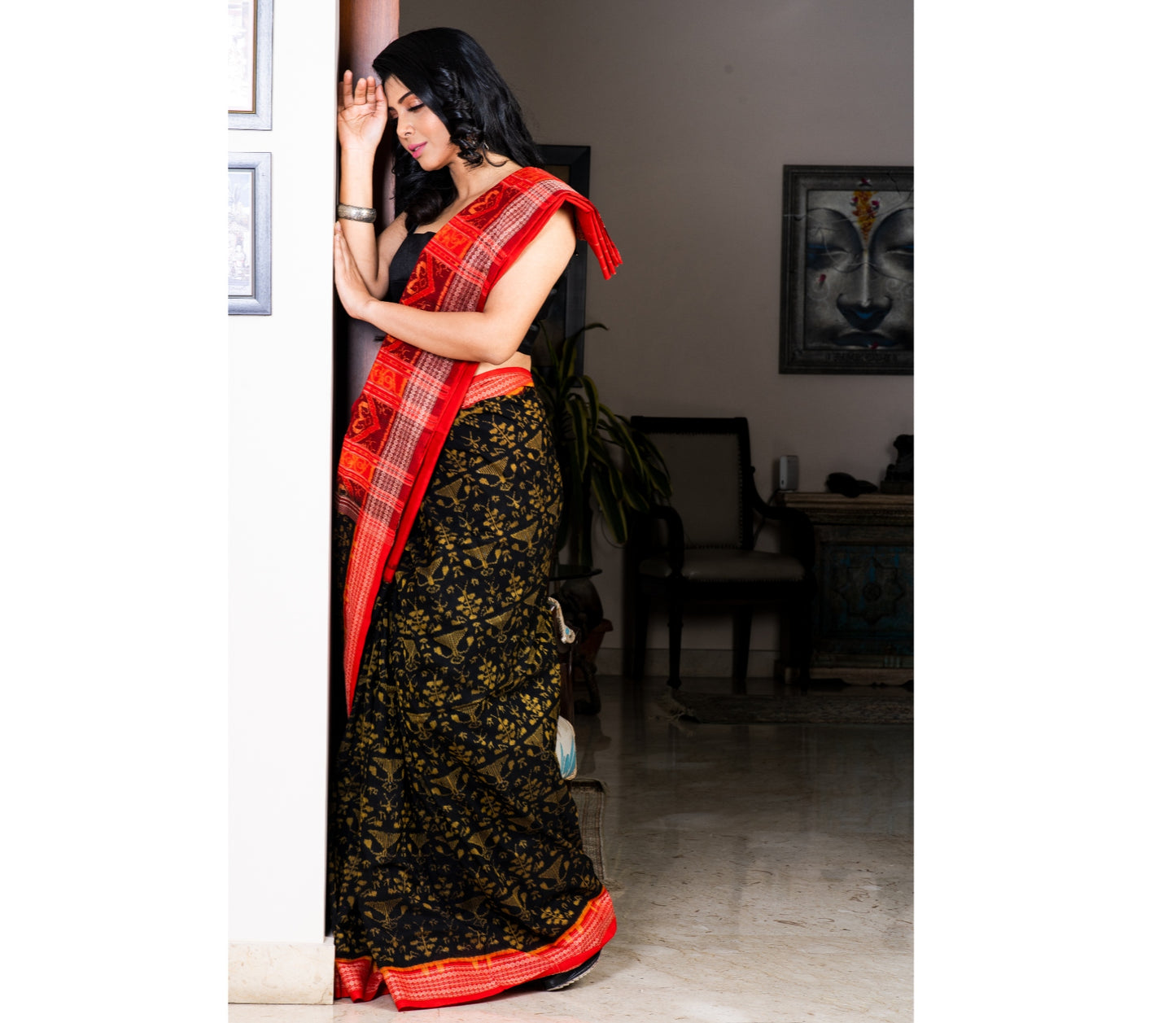 Sambalpuri Saree - Pure Cotton - Red & Black - ArtisanSoul