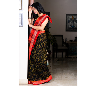 Sambalpuri Saree - Pure Cotton - Red & Black - ArtisanSoul