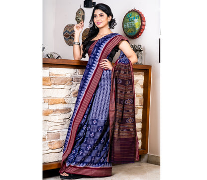 Sambalpuri Saree - Pure Cotton - Blue - ArtisanSoul