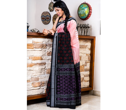 Sambalpuri Saree - Pure Cotton - Pink and Black - ArtisanSoul