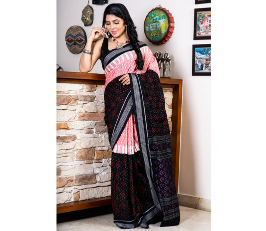 Sambalpuri Saree - Pure Cotton - Pink and Black - ArtisanSoul