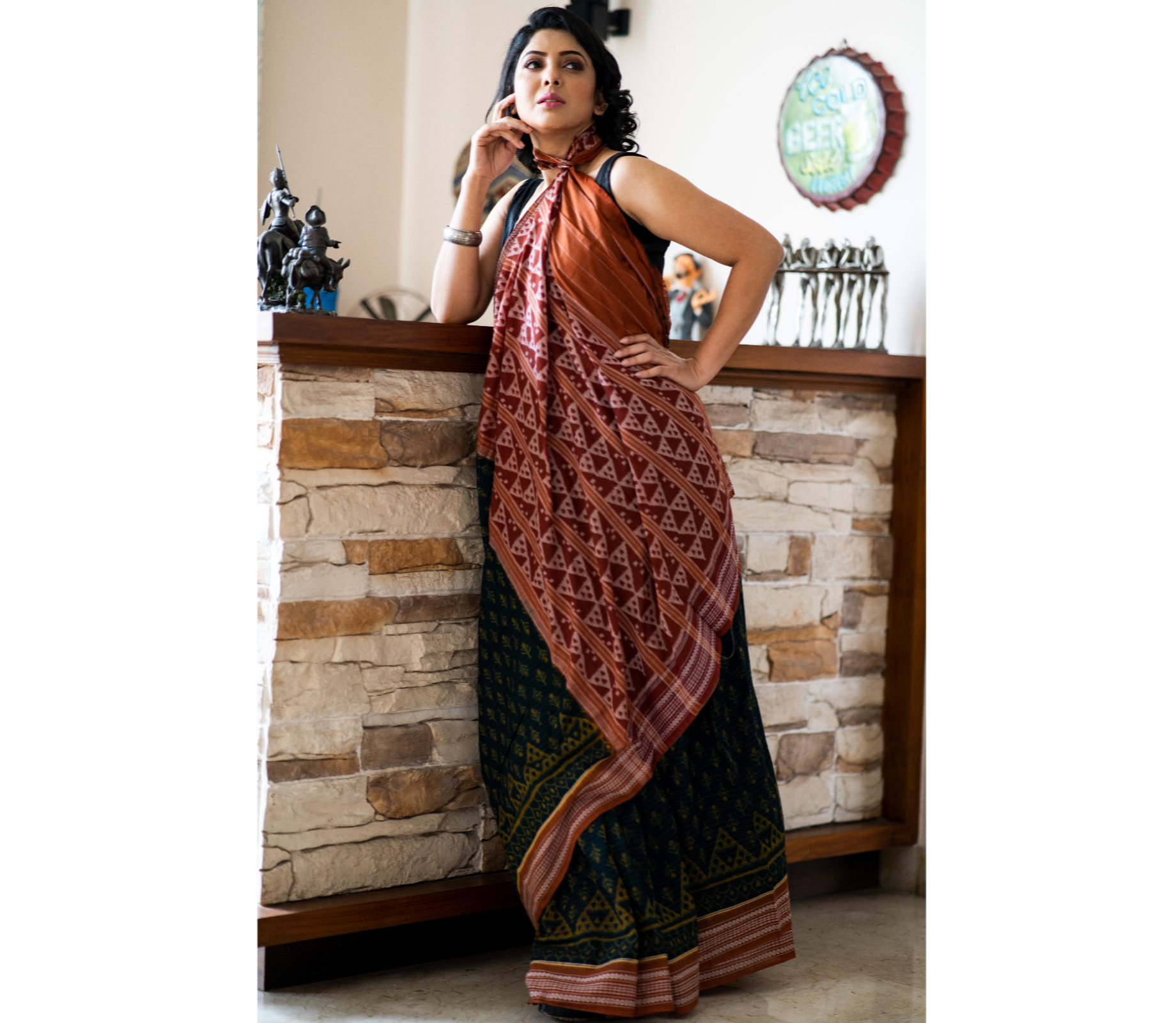 Sambalpuri Saree - Pure Cotton - Teal Blue and Brown - ArtisanSoul