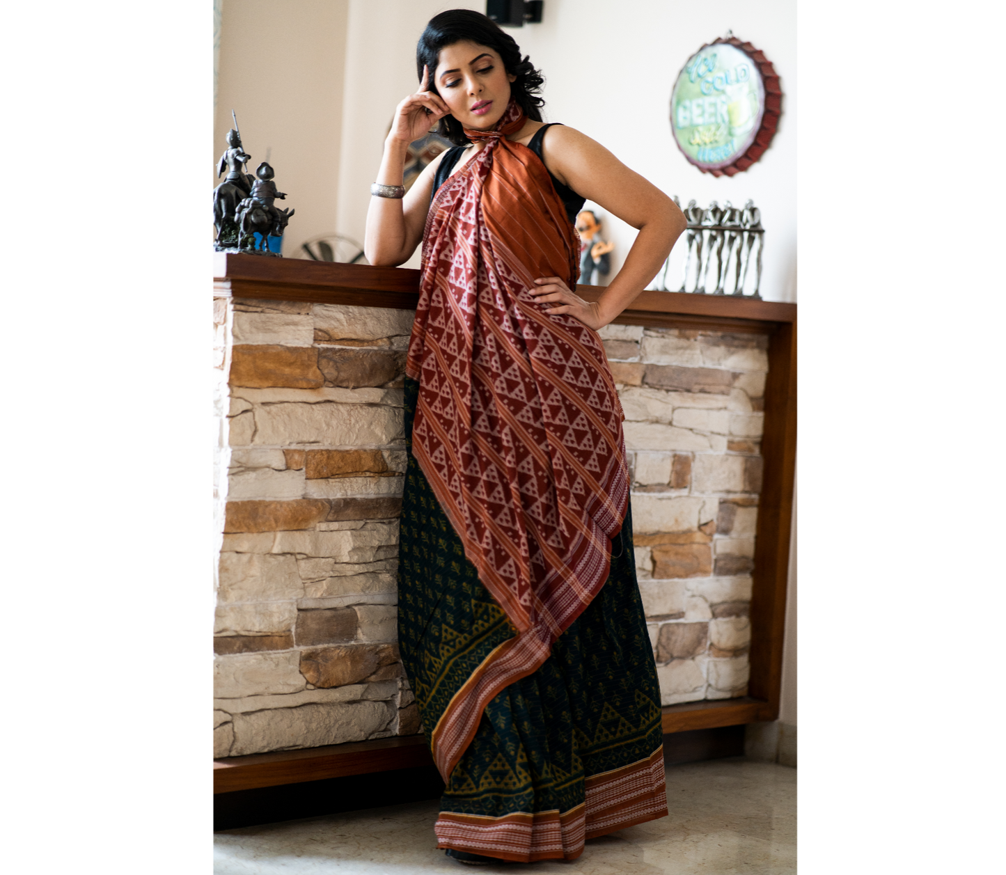 Sambalpuri Saree - Pure Cotton - Teal Blue and Brown - ArtisanSoul