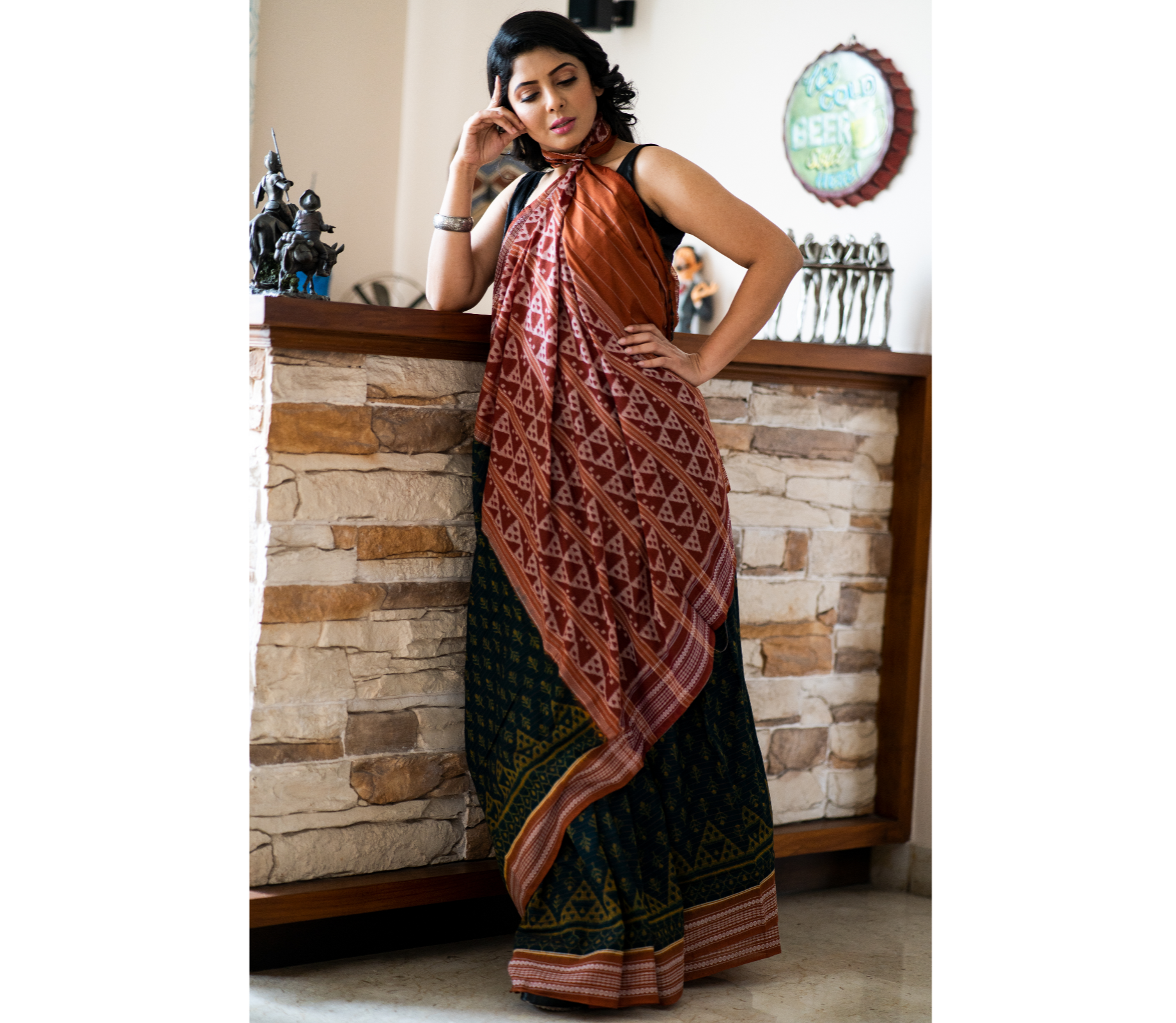Sambalpuri Saree - Pure Cotton - Teal Blue and Brown - ArtisanSoul