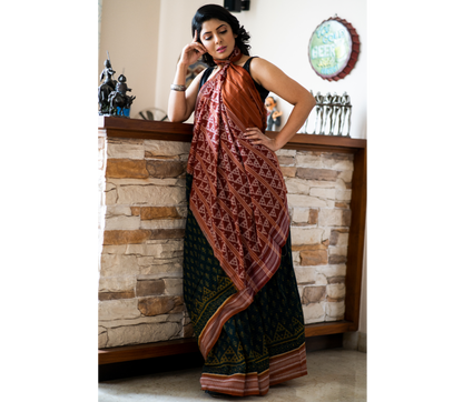 Sambalpuri Saree - Pure Cotton - Teal Blue and Brown - ArtisanSoul
