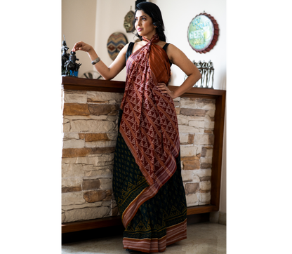 Sambalpuri Saree - Pure Cotton - Teal Blue and Brown - ArtisanSoul