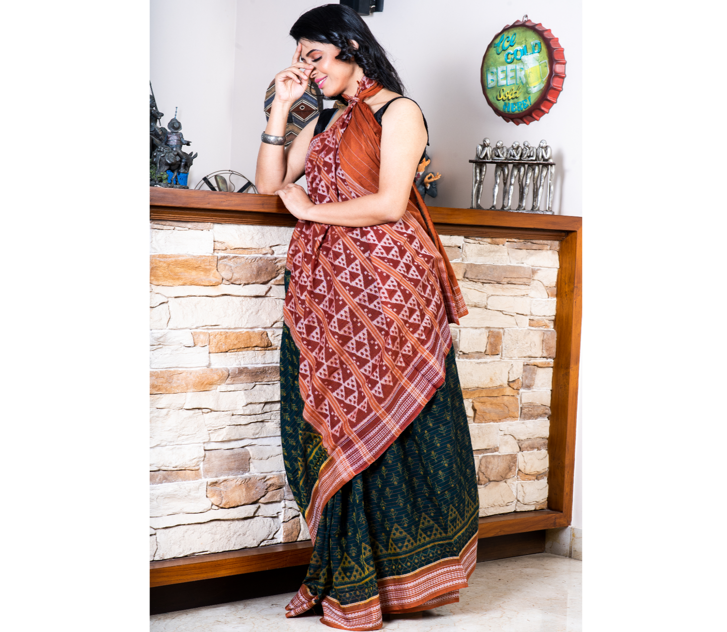 Sambalpuri Saree - Pure Cotton - Teal Blue and Brown - ArtisanSoul
