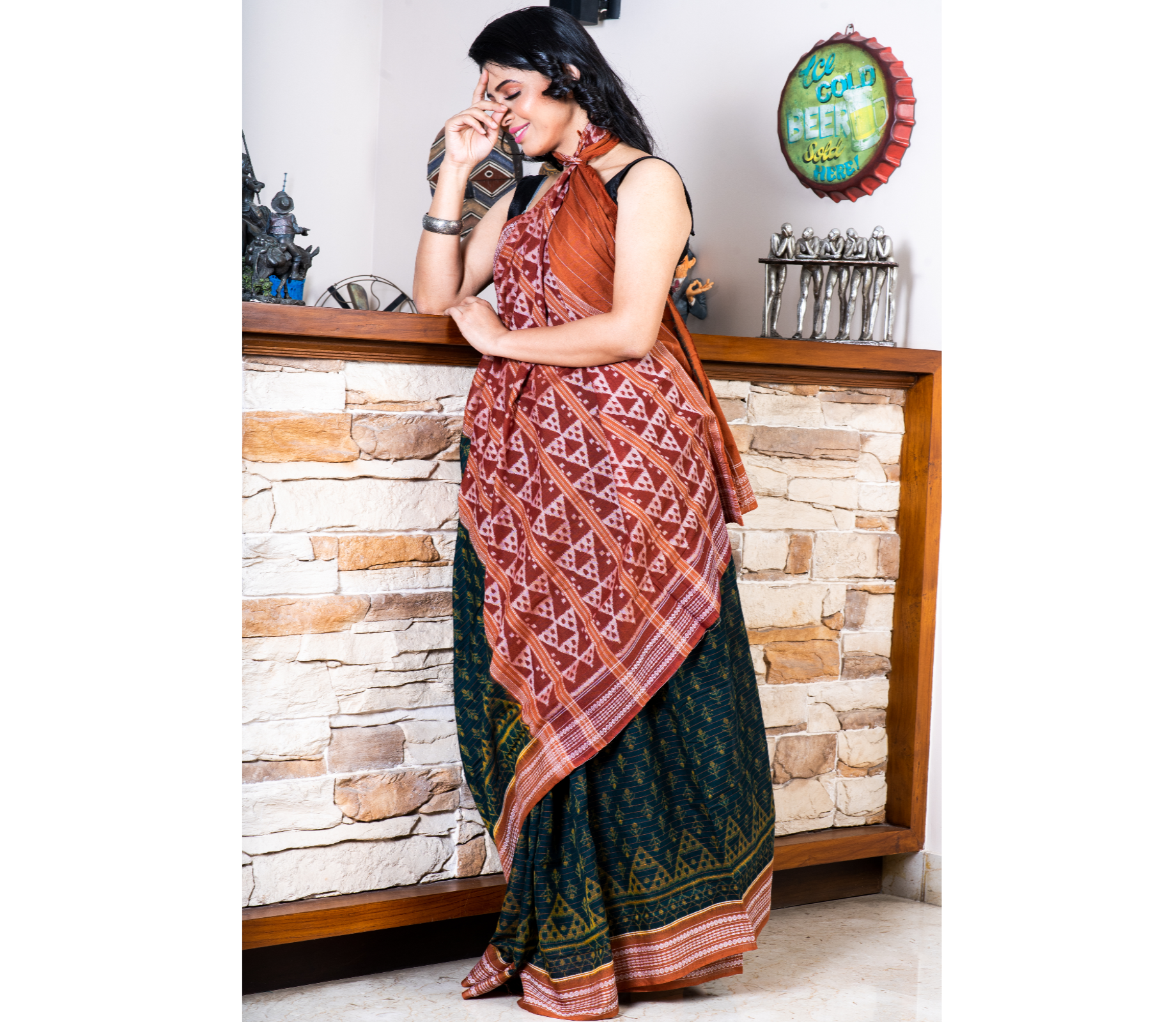 Sambalpuri Saree - Pure Cotton - Teal Blue and Brown - ArtisanSoul