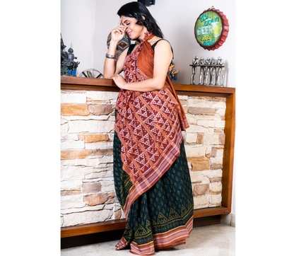 Sambalpuri Saree - Pure Cotton - Teal Blue and Brown - ArtisanSoul