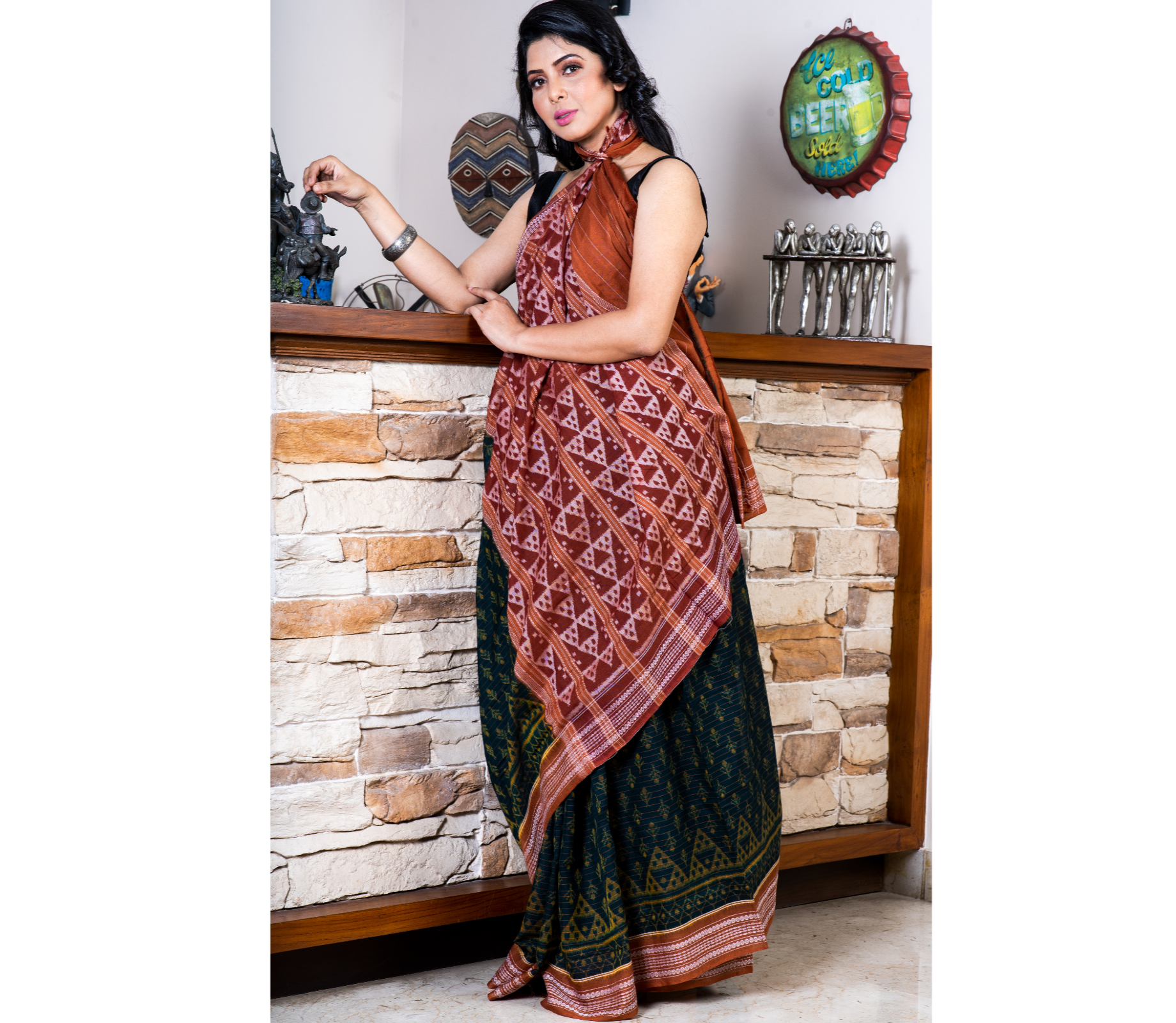 Sambalpuri Saree - Pure Cotton - Teal Blue and Brown - ArtisanSoul