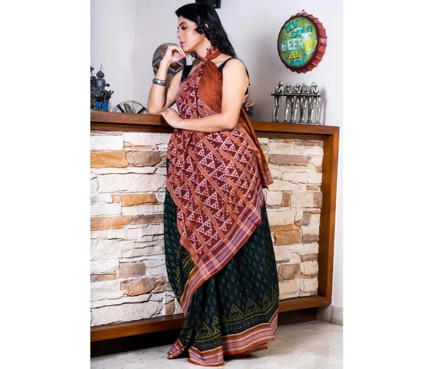 Sambalpuri Saree - Pure Cotton - Teal Blue and Brown - ArtisanSoul
