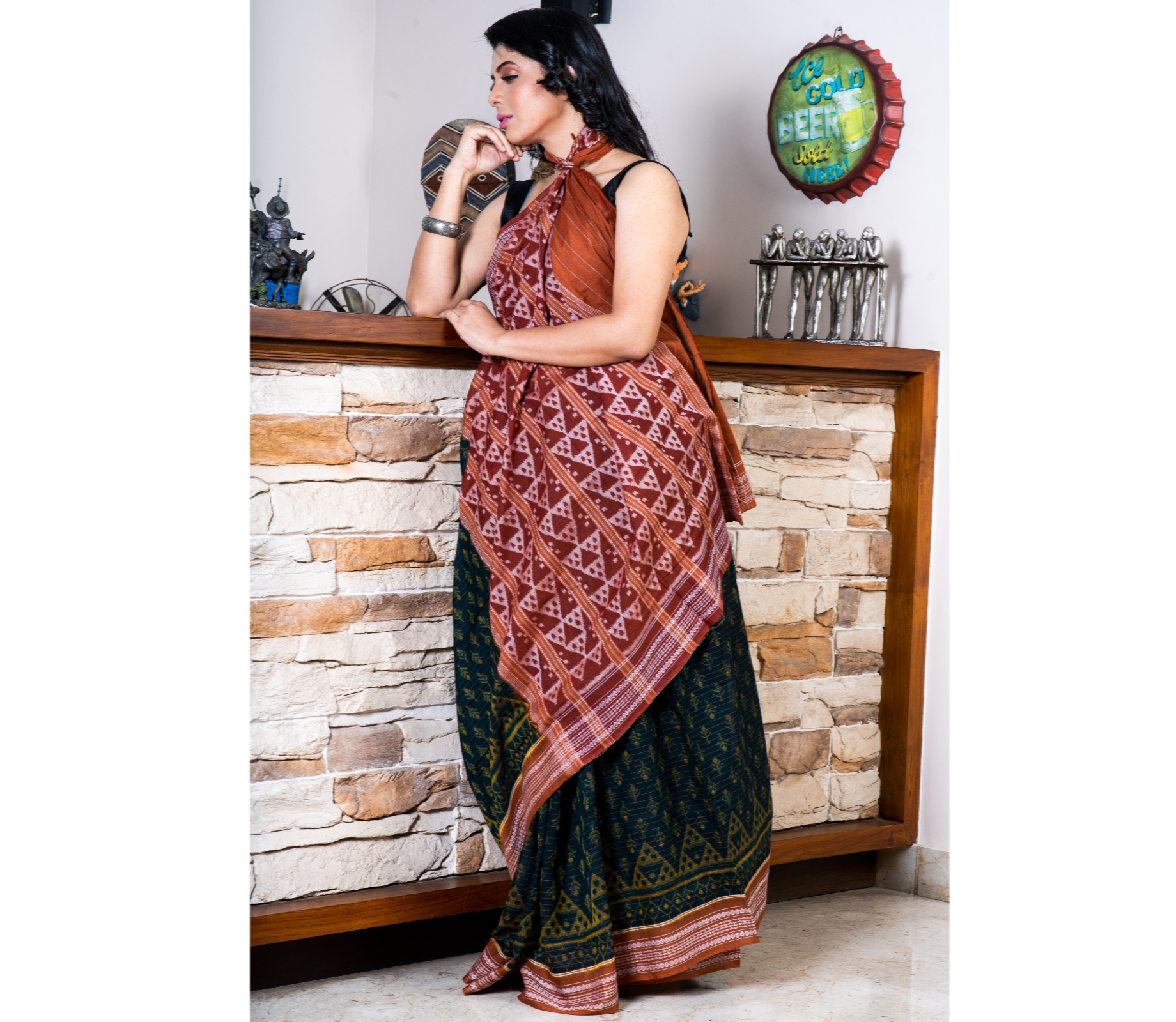 Sambalpuri Saree - Pure Cotton - Teal Blue and Brown - ArtisanSoul