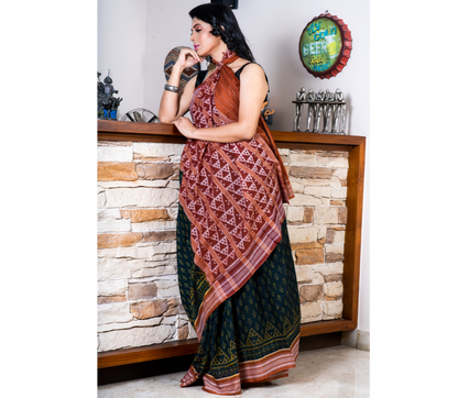Sambalpuri Saree - Pure Cotton - Teal Blue and Brown - ArtisanSoul