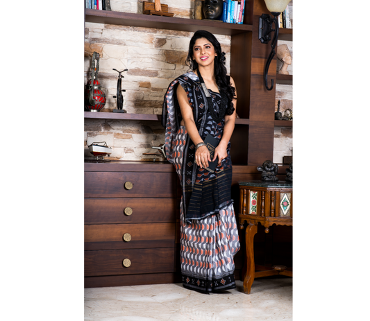 Sambalpuri Saree - Pure Cotton - Black, Grey & Pink - ArtisanSoul