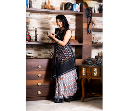 Sambalpuri Saree - Pure Cotton - Black, Grey & Pink - ArtisanSoul