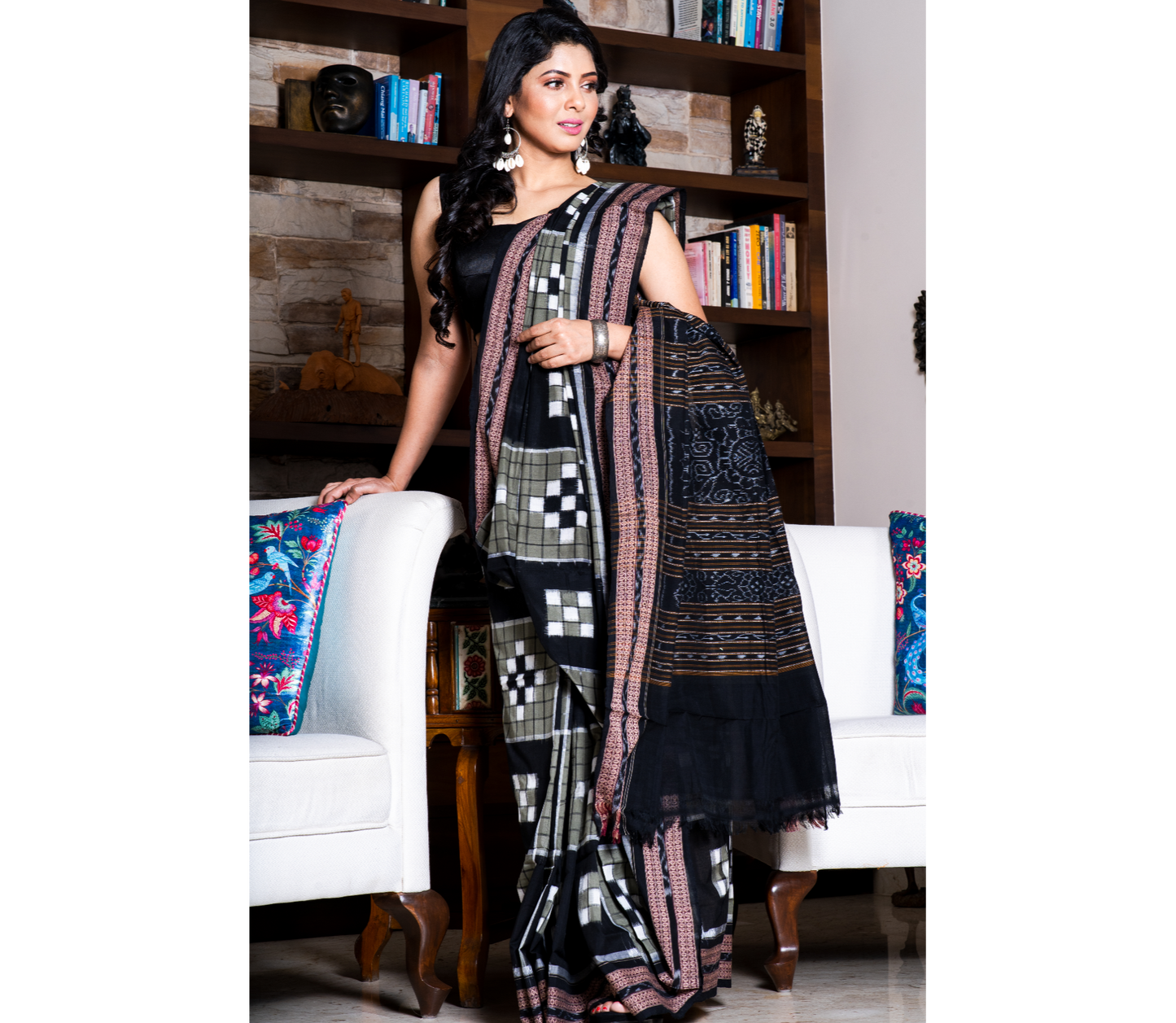 Sambalpuri Saree - Pure Cotton - Black, Grey and White - ArtisanSoul