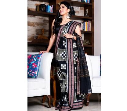 Sambalpuri Saree - Pure Cotton - Black, Grey and White - ArtisanSoul