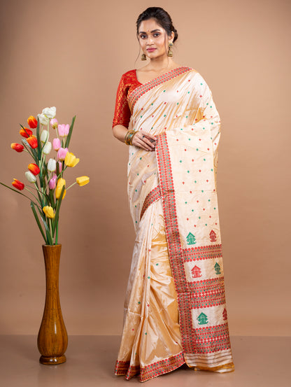 Assam Silk Saree - Golden with red and Green thread Work