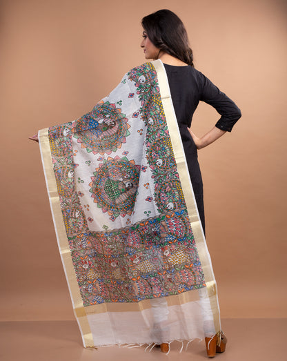 Madhubani Painting Dupatta From Bihar - White with Golden Border