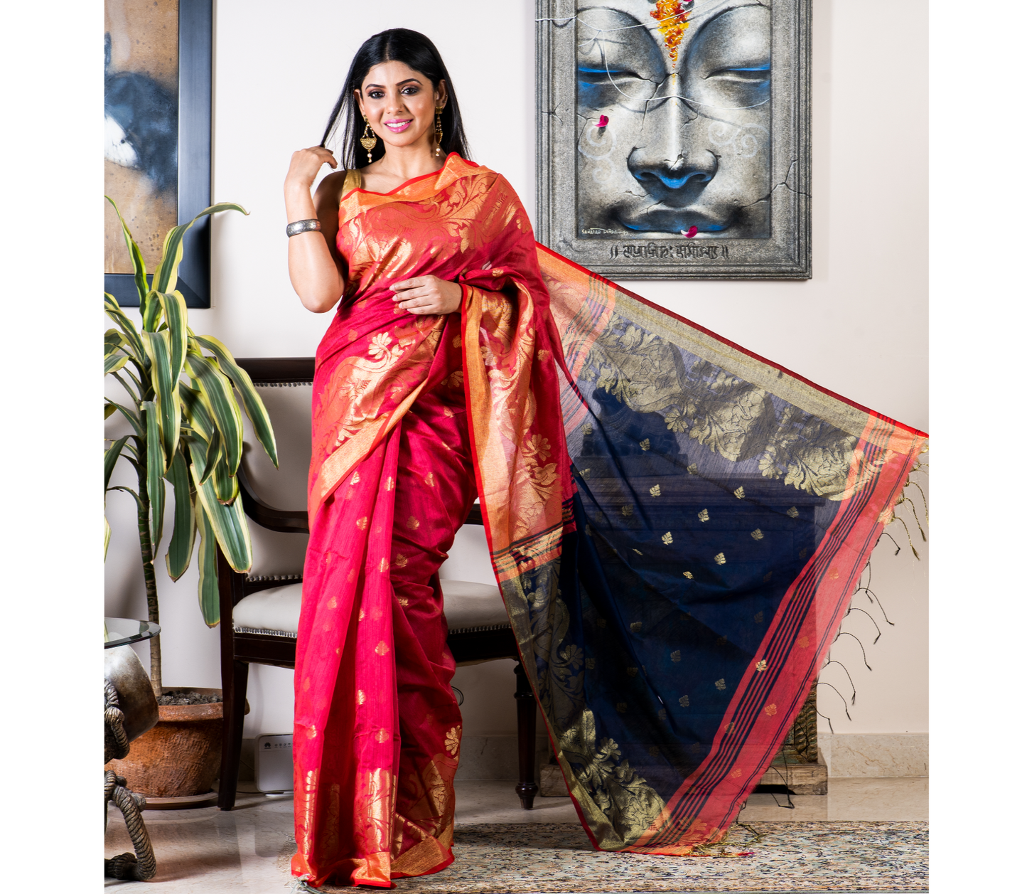 Handloom Saree with Work All Over the Saree - Brick Red and Blue - ArtisanSoul