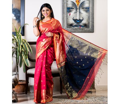 Handloom Saree with Work All Over the Saree - Brick Red and Blue - ArtisanSoul