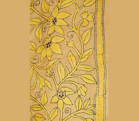 Kantha Stitched Stole on Tussar Base - Yellow