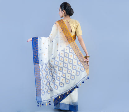 Neemki Kaj On Handloom Saree - Blue On White - ArtisanSoul