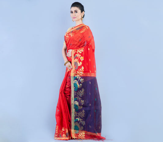 Handloom Saree With Work All Over The Saree - Red and Navy Blue - ArtisanSoul