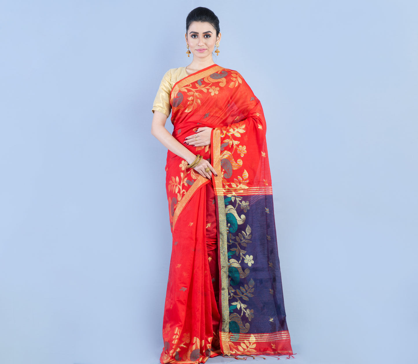 Handloom Saree With Work All Over The Saree - Red and Navy Blue - ArtisanSoul