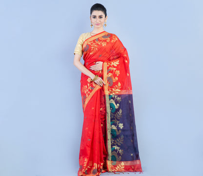 Handloom Saree With Work All Over The Saree - Red and Navy Blue - ArtisanSoul