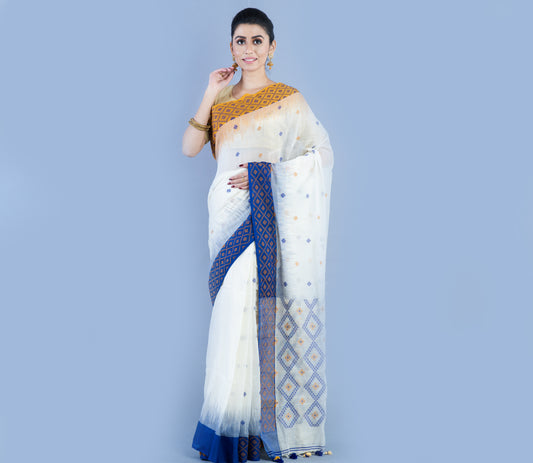 Neemki Kaj On Handloom Saree - Blue On White - ArtisanSoul
