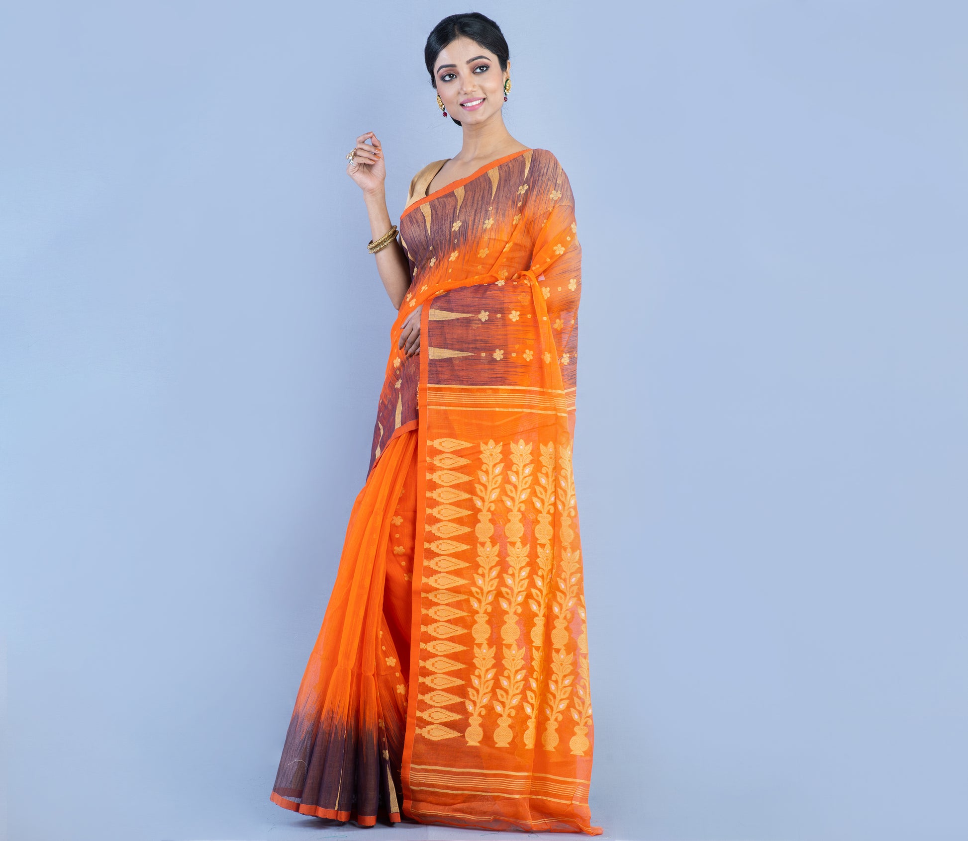 Handloom Muslin Saree - Orange & Navy Blue - ArtisanSoul
