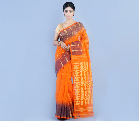 Handloom Muslin Saree - Orange & Navy Blue - ArtisanSoul