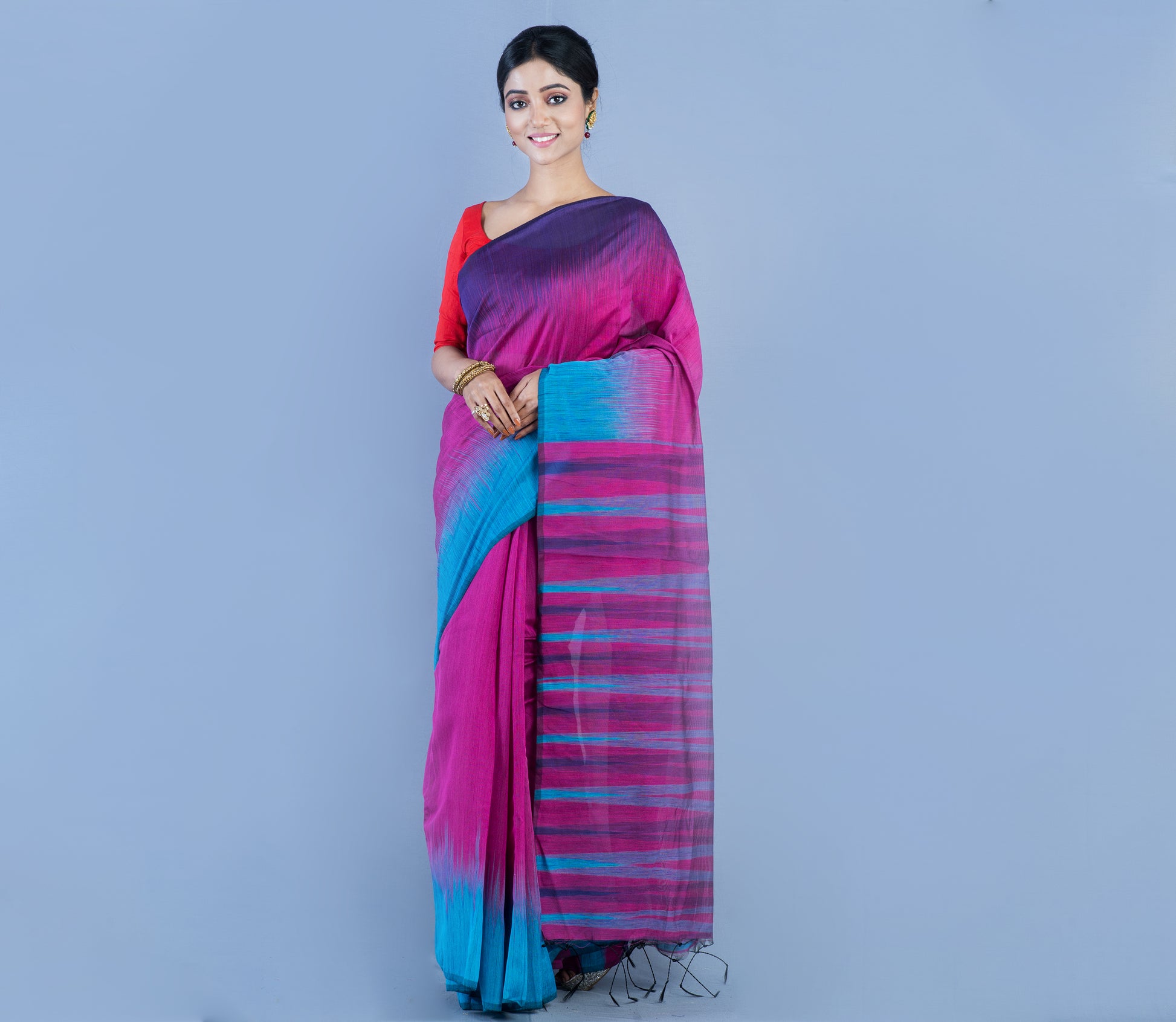 Handloom Ikkat Saree - Navy Blue & Sky Blue On Purple - ArtisanSoul