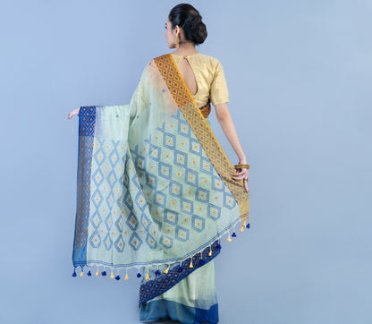 Neemki Kaj on Handloom Saree - Blue & Brown Par On Light Sky Blue - ArtisanSoul