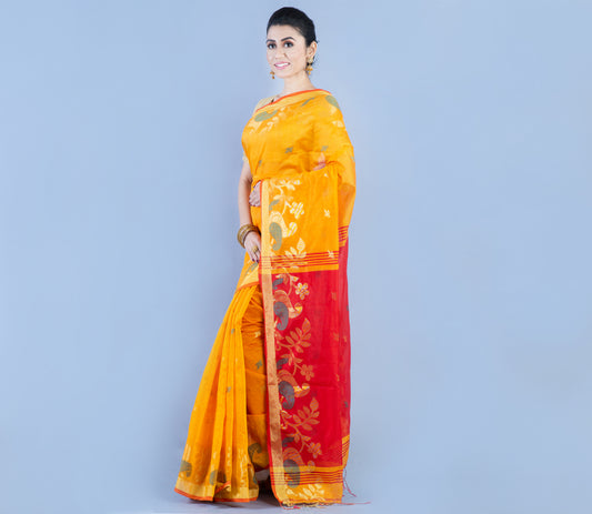 HANDLOOM SAREE WITH WORK ALL OVER THE SAREE - YELLOW & RED - ArtisanSoul