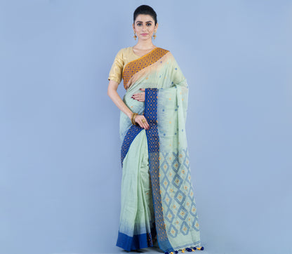 Neemki Kaj on Handloom Saree - Blue & Brown Par On Light Sky Blue - ArtisanSoul