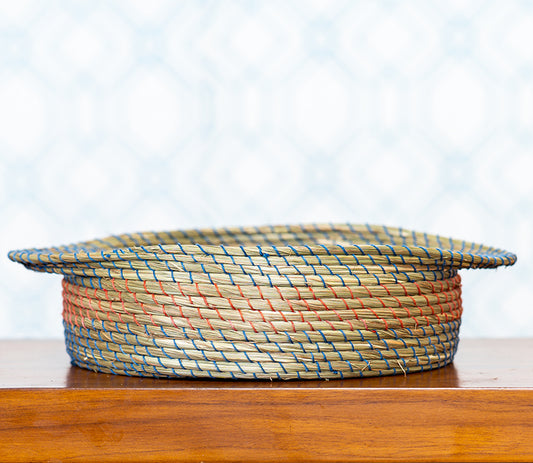 Round Basket of Sabai Grass with Blue and Red Thread Work - ArtisanSoul