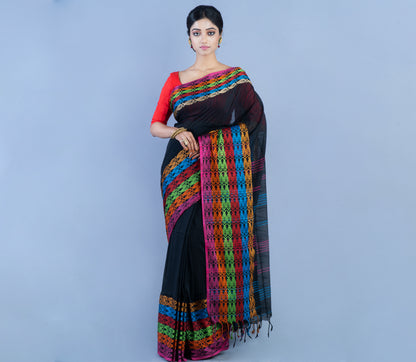Handloom Cotton Black Saree With Multi-Color Fish Design Par - ArtisanSoul