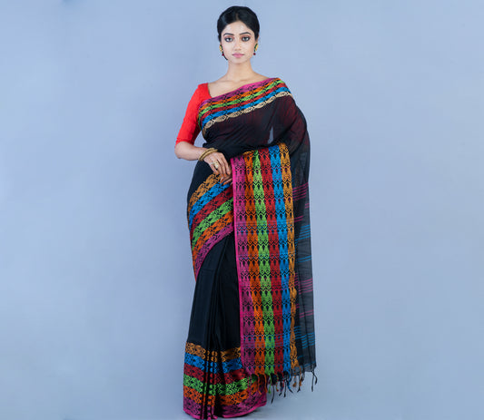 Handloom Cotton Black Saree With Multi-Color Fish Design Par - ArtisanSoul