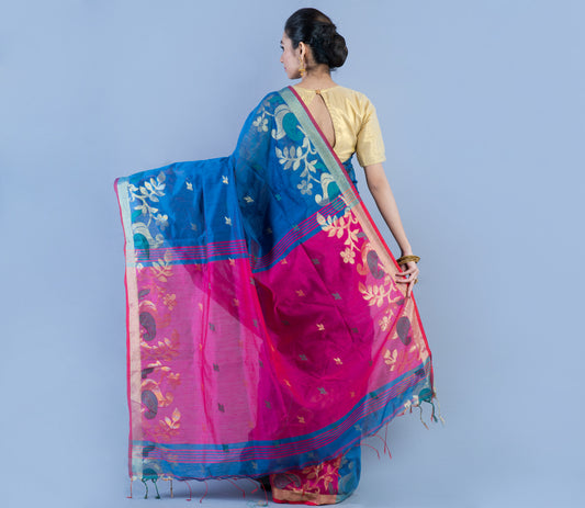 HANDLOOM SAREE WITH WORK ALL OVER THE SAREE - BLUE AND PINK - ArtisanSoul